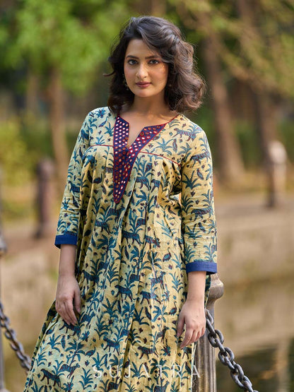 Artisan Indigo Kurta with Animal Motifs, Overlapping Neck and Handcrafted Maroon Mirror Detailing