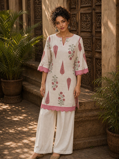 Ivory Straight Cotton Short Kurta with Pink Botanical Block Print & Contrast Scalloped Hem & Sleeve Cuffs