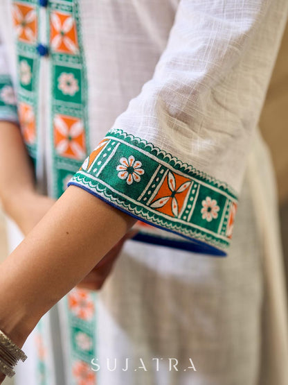 Timeless White Cotton Kurta with Hand Painted Madhubani Motifs on Front & Sleeves