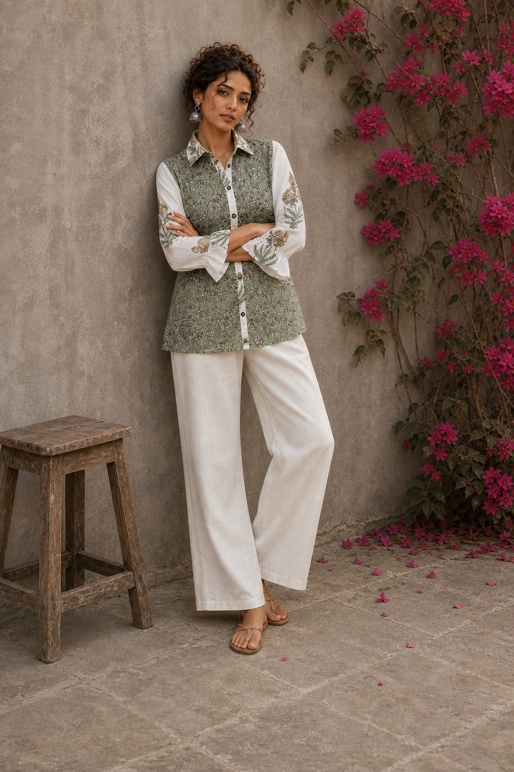 Off-white cotton shirt with pastel green Jaipur jaal print body and contrasting motif-printed sleeves.