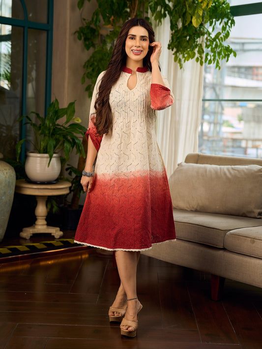 Chic cream-to-maroon ombré Hakoba dress with distinctively folded sleeves and collar.