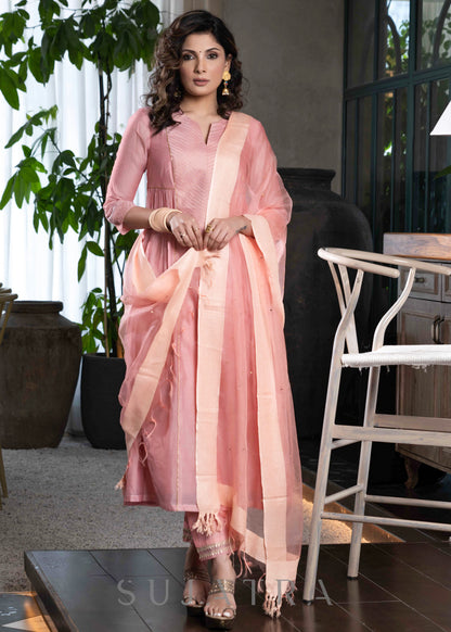 Light pink chanderi flared kurta with gold detailing