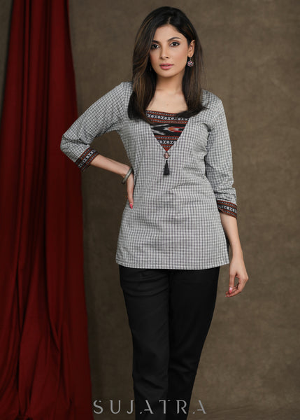 Casual Grey Top with Ikkat Detailing