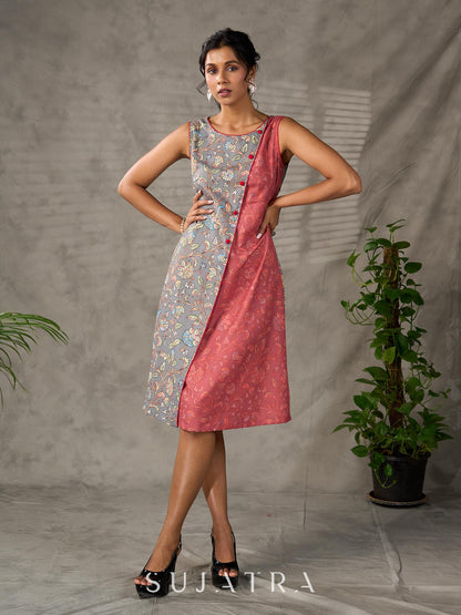 Grey and Rust Kalamkari inspired floral vine printed overlap dress with red accents