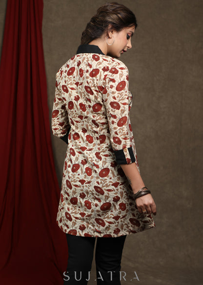 Offwhite printed cotton tunic with Black detailing