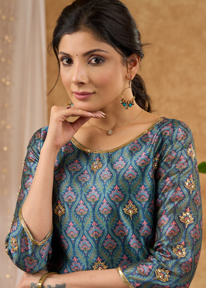 Exclusive hand embroidered Chanderi kurta with exquisite print  - Pant optional