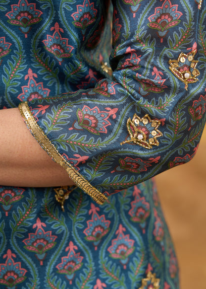 Exclusive hand embroidered Chanderi kurta with exquisite print  - Pant optional