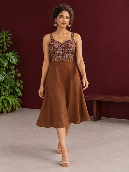 Rust Brown Cotton One Piece Dress with Maroon Floral Print Bodice & Button Front Detail — view 5