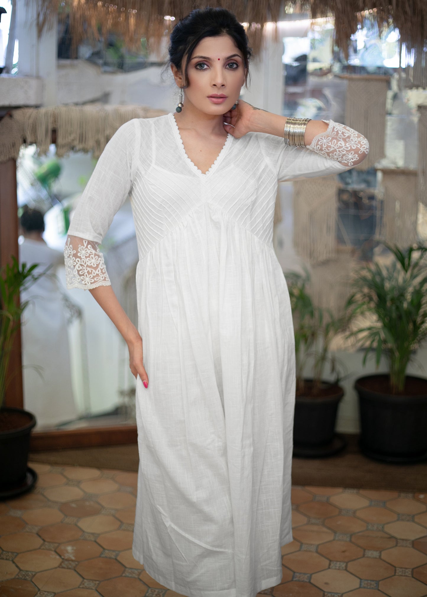 Exclusive White Cotton Kurta with Pintucks on Yoke & Beautiful Lace on Sleeves - Pant Optional