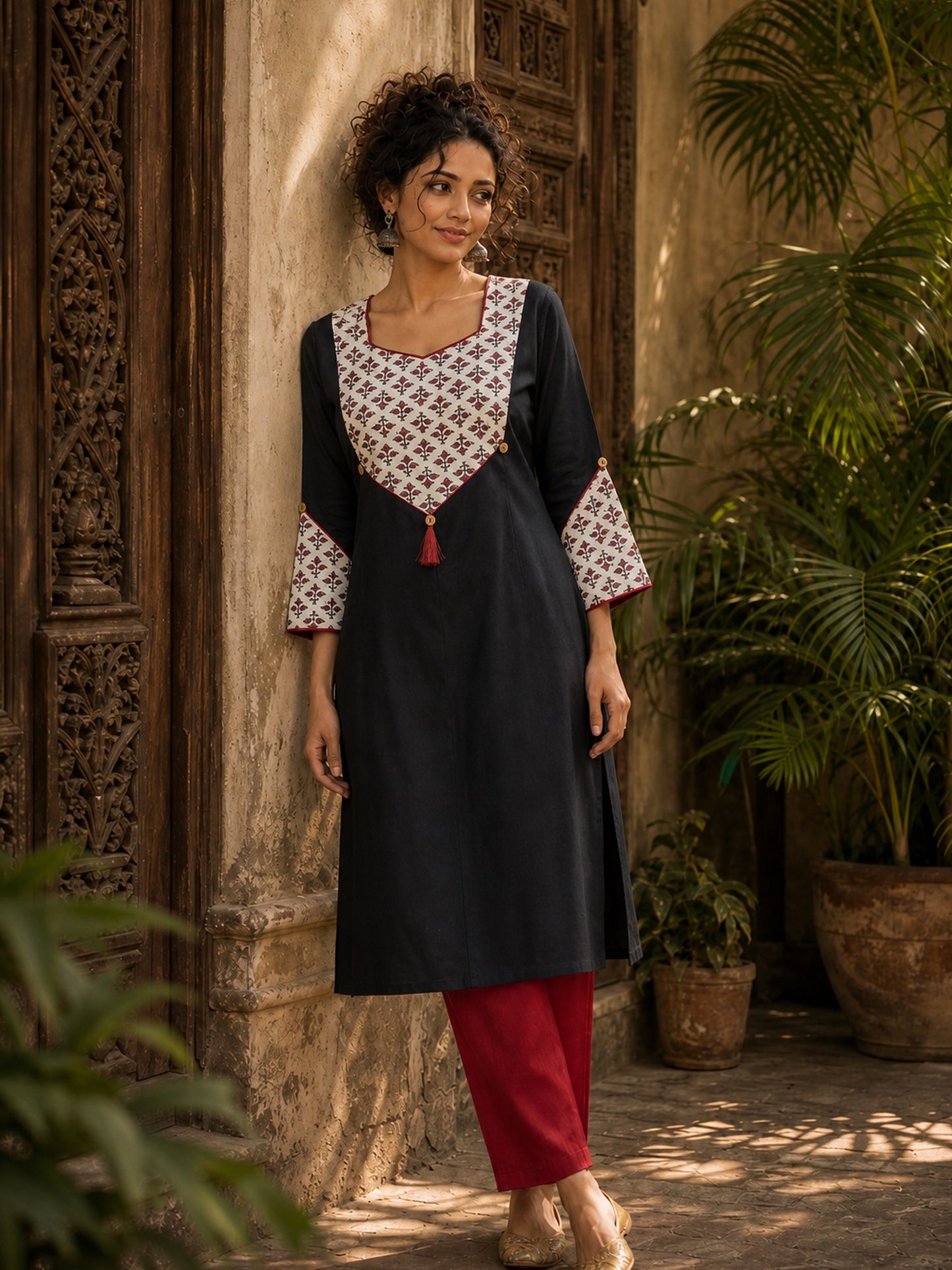 Black Cotton Kurta with Ajrakh Printed Yoke & Matching Cuffs with Minimal Embellishment