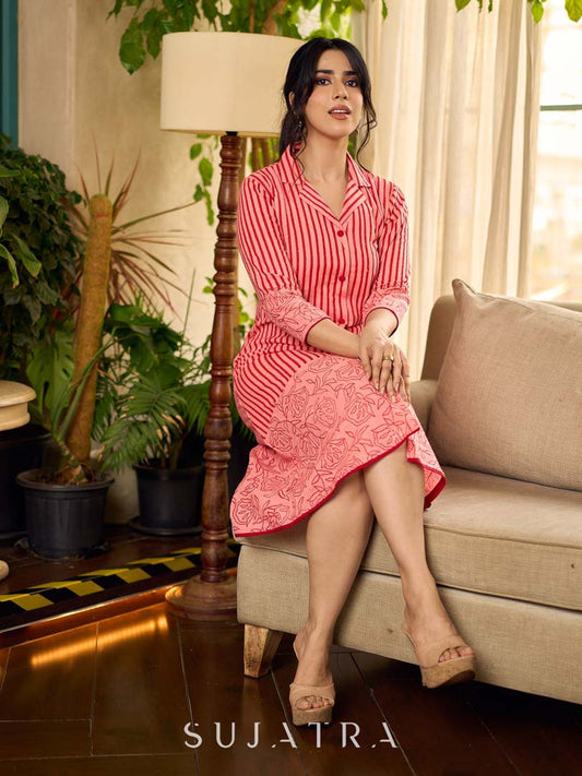 Peach and red block print stripe-floral shirt dress with fusion hand block printed stripes and jaal, a notch collar, and coordinated red accents for a vibrant, contemporary look.