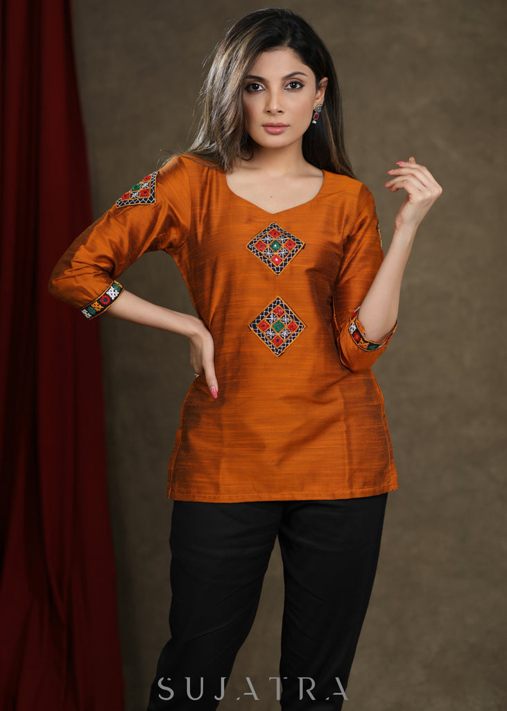 Rust Cotton Silk Top with Kutch Work Patches