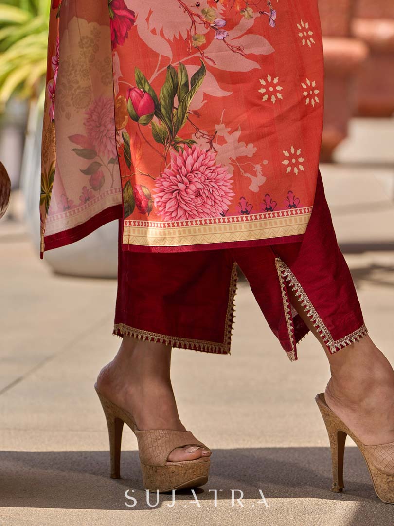 Elegant maroon cotton silk straight slit pants with gota patti detailing at the slit.