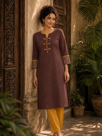 Earthy Brown Cotton Kurta with Statement Kalamkari Block Print Cuffs & Mustard Piping
