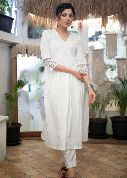 Exclusive White Cotton Kurta with Pintucks on Yoke & Beautiful Lace on Sleeves - Pant Optional