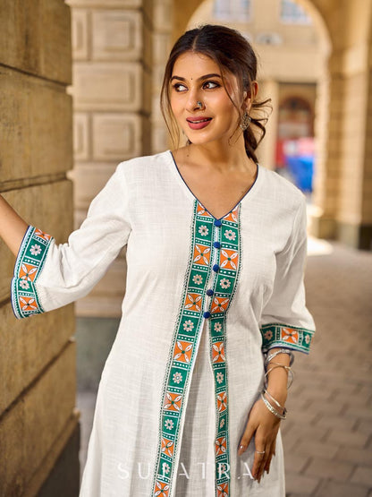 Timeless White Cotton Kurta with Hand Painted Madhubani Motifs on Front & Sleeves