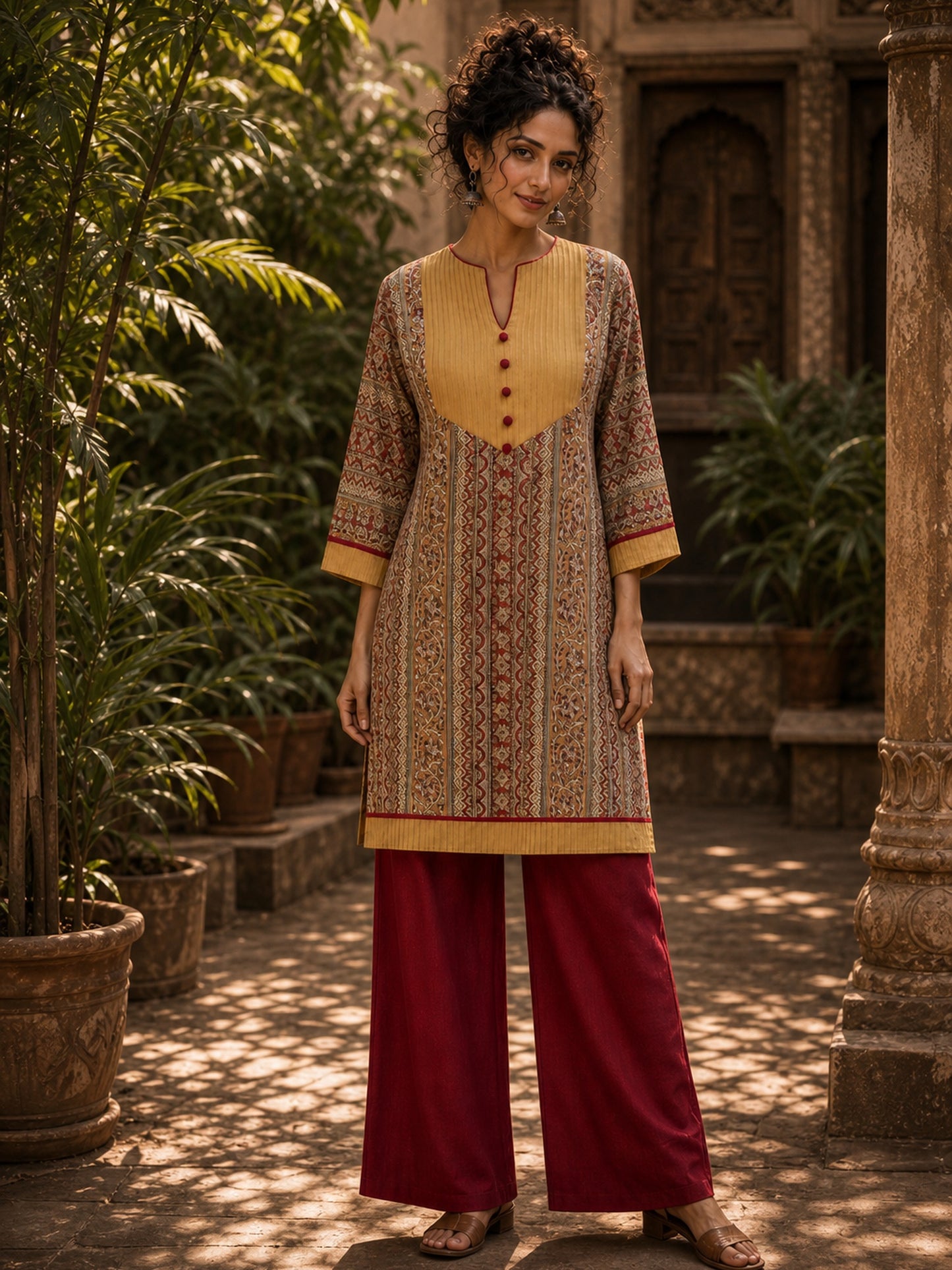 Mustard Geometric Print Short Kurta with Pin-Tucked Yoke & Contrast Maroon Button Detail