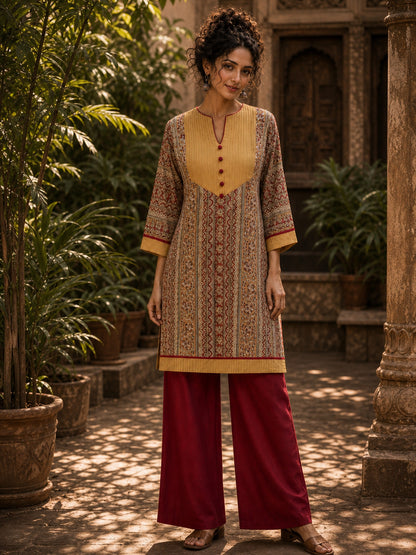 Mustard Geometric Print Short Kurta with Pin-Tucked Yoke & Contrast Maroon Button Detail