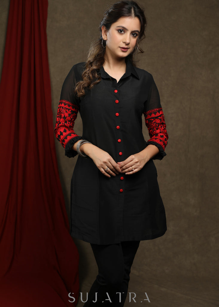 Smart Black Cotton Silk tunic with red embroiderd sleeves