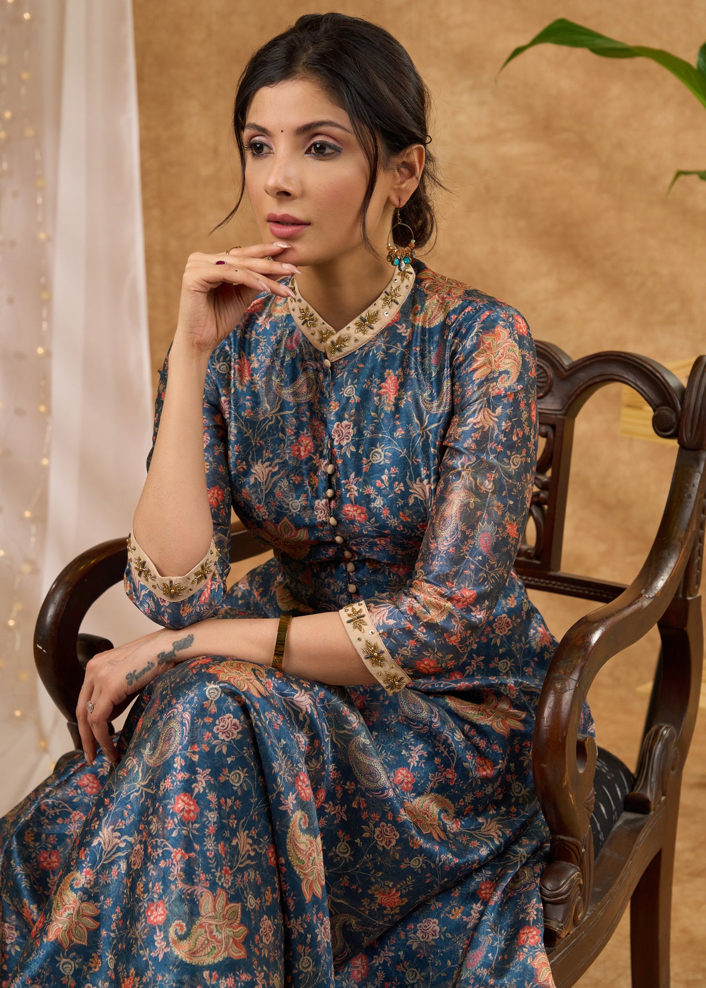Beautiful hand embroidered flared Chanderi kurta with embellished collar Pant optional