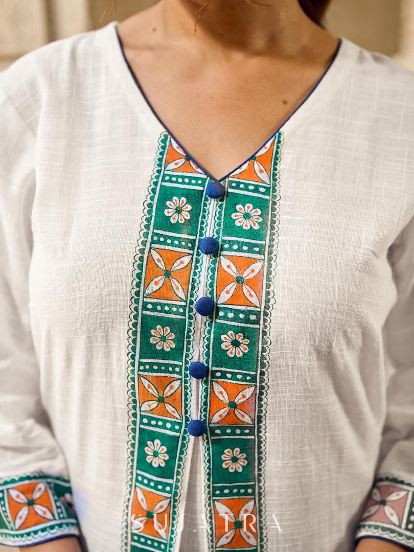 Timeless White Cotton Kurta with Hand Painted Madhubani Motifs on Front & Sleeves - Pant Optional