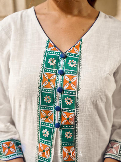 Timeless White Cotton Kurta with Hand Painted Madhubani Motifs on Front & Sleeves