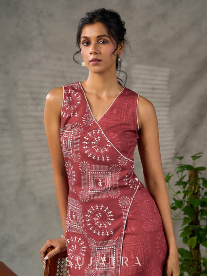 Terracotta warli printed overlap dress with off white accents