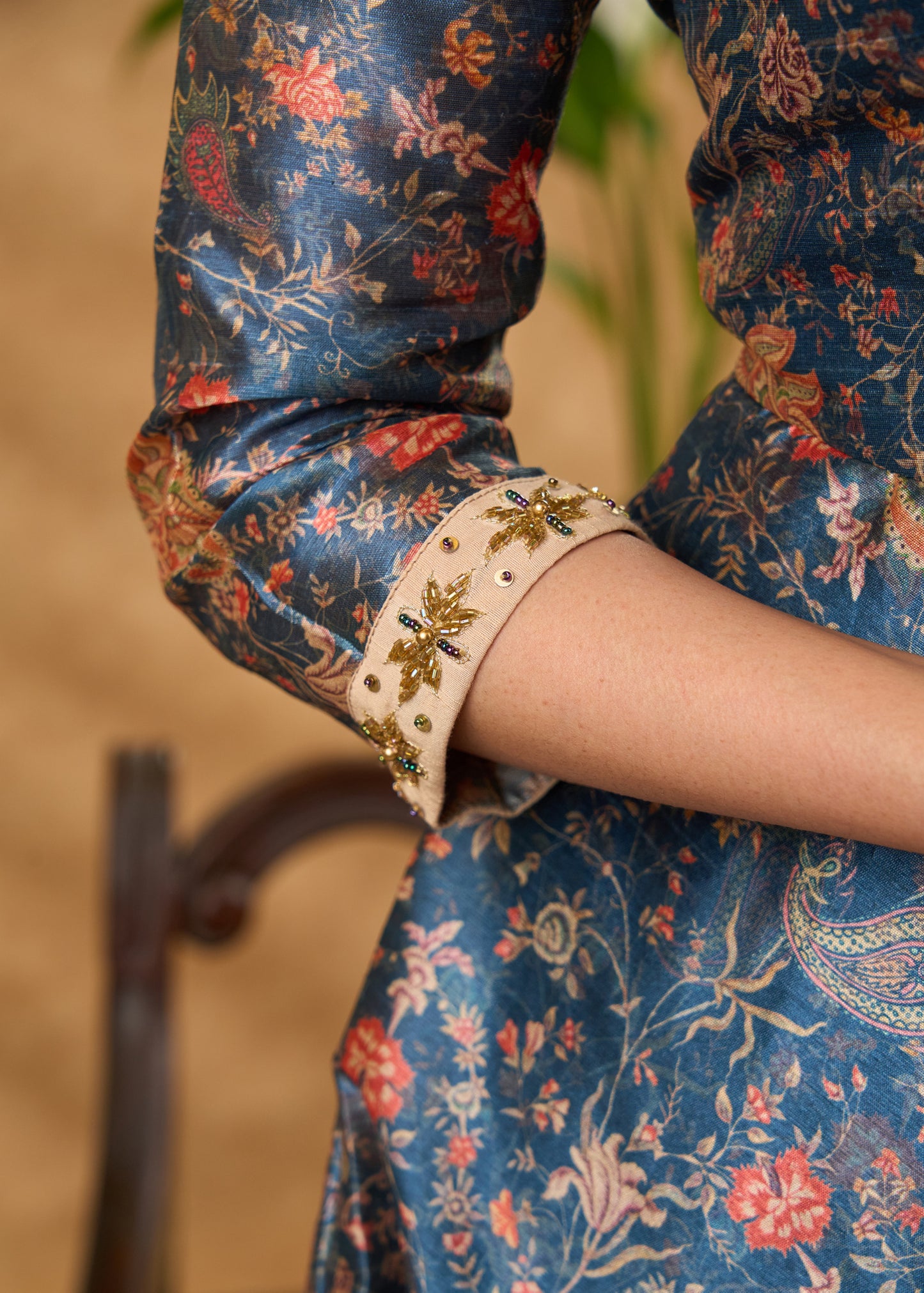 Beautiful hand embroidered flared Chanderi kurta with embellished collar Pant optional