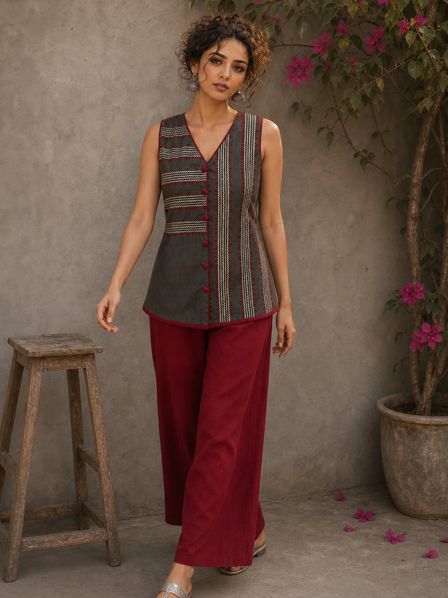 Distinctive Grey and maroon hand block print top featuring bold striped motifs, an asymmetric overlap silhouette, and artisanal detailing, bringing contemporary charm to effortless everyday dressing.