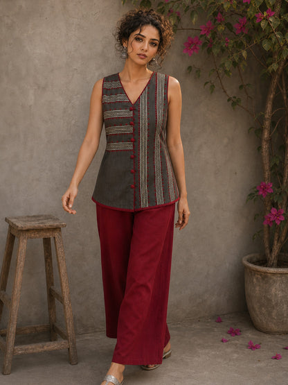 Distinctive Grey and maroon hand block print top featuring bold striped motifs, an asymmetric overlap silhouette, and artisanal detailing, bringing contemporary charm to effortless everyday dressing.