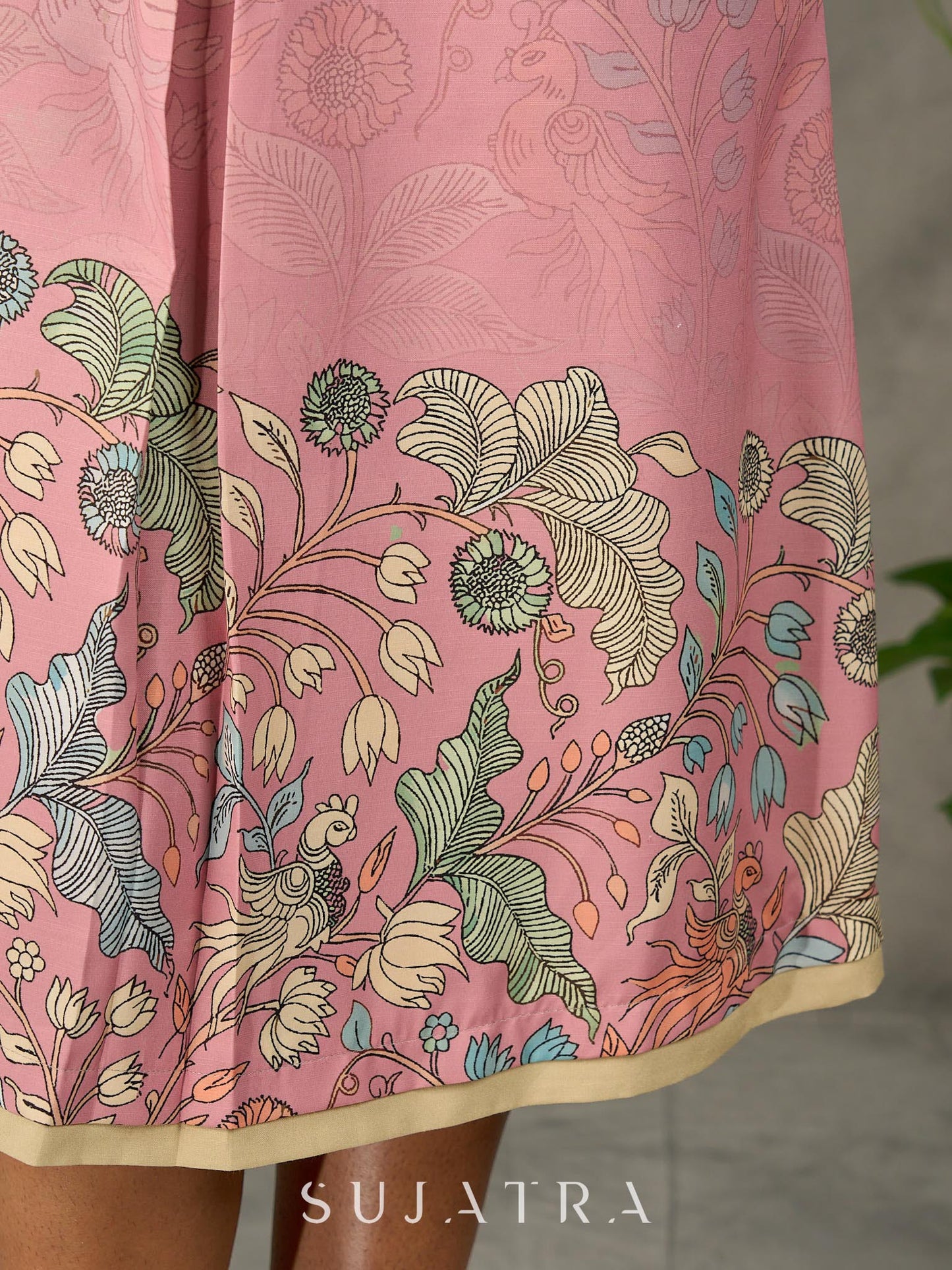 Blush pink Kalamkari printed dress with elegant pleated detailing