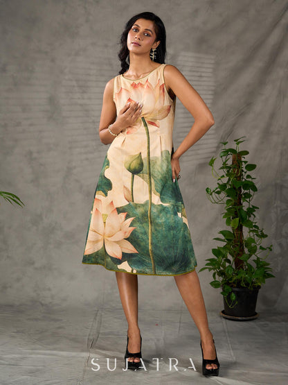 Statement Cream lotus motif dress with earthy olive accents.