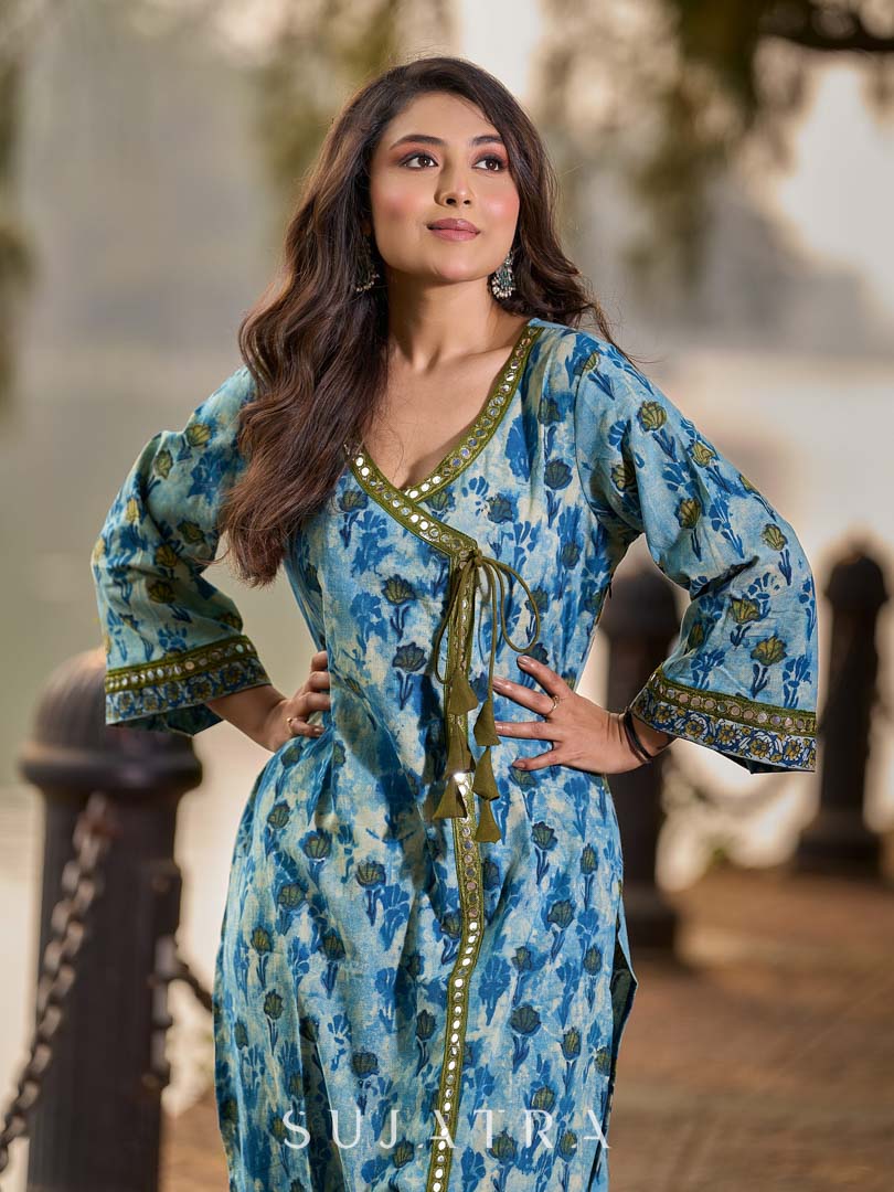 Angarkha-Style Indigo & Olive Kurta with Olive Mirror Detailing and Dori Tie-Up