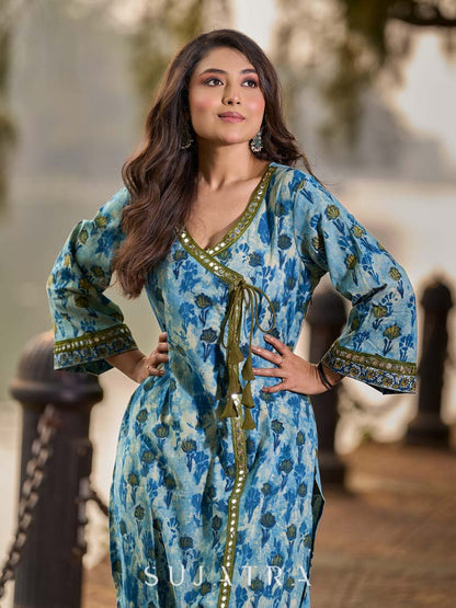Angarkha-Style Indigo & Olive Kurta with Olive Mirror Detailing and Dori Tie-Up