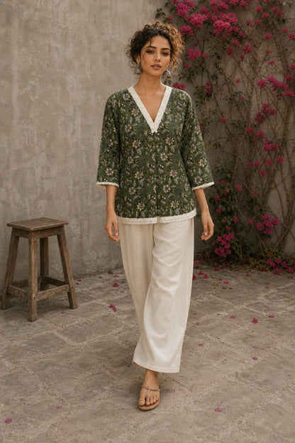 Earthy deep olive Jaipur floral top featuring box-pleated sleeves and delicate Hakoba accents for timeless elegance.
