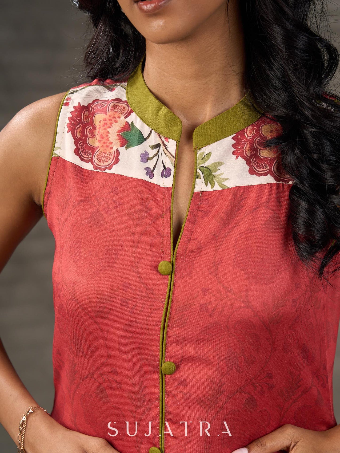 Rust floral vine printed shirt dress with olive accents