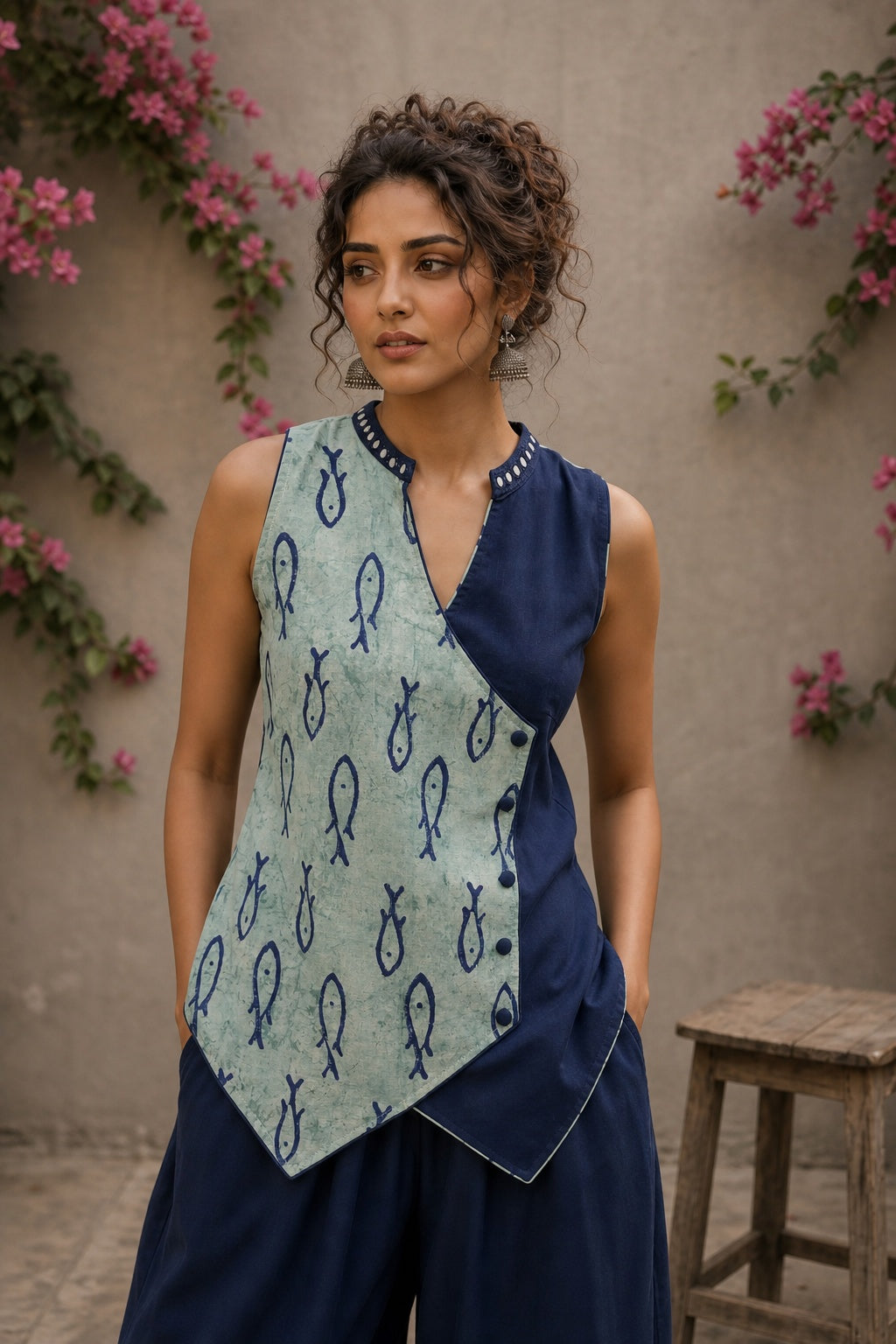Indigo fish-print crossover sleeveless top featuring a mirror-laced Mandarin collar and beautifully scalloped cut hem.