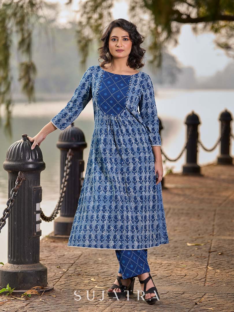 Indigo Printed Kurta with Statement Neck Patch, Flowing Gathers and Pearl Embellished Sleeves
