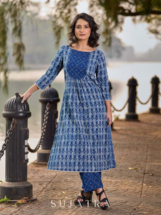 Indigo Printed Kurta with Statement Neck Patch, Flowing Gathers and Pearl Embellished Sleeves