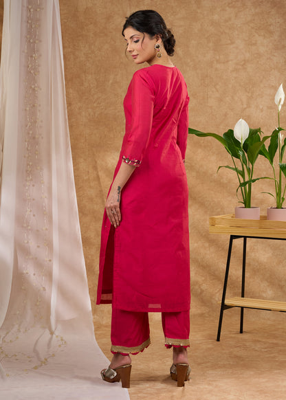 Delicately Hand embroidered pink chanderi kurta pant optional
