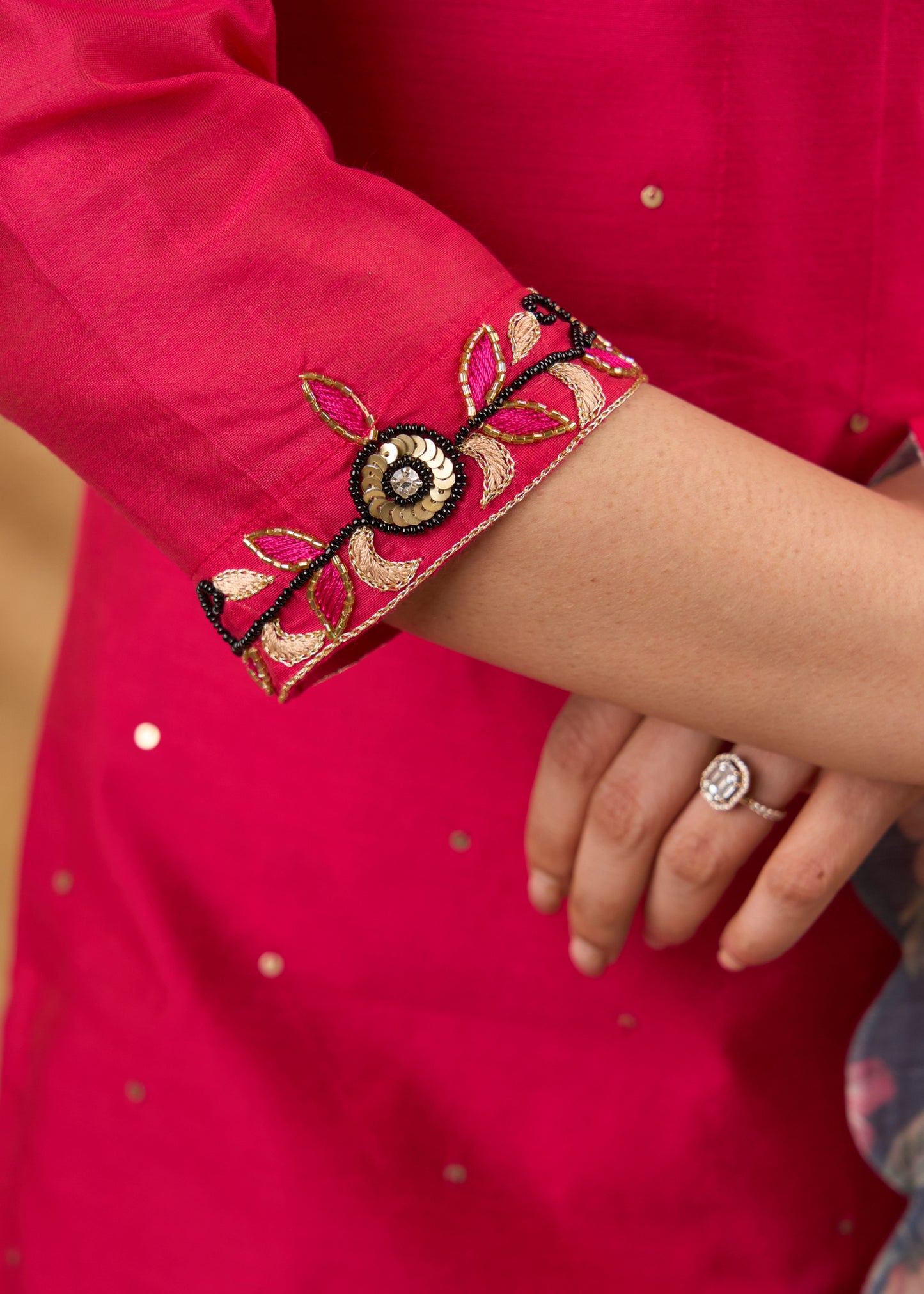 Delicately hand embroidered pink Chanderi kurta