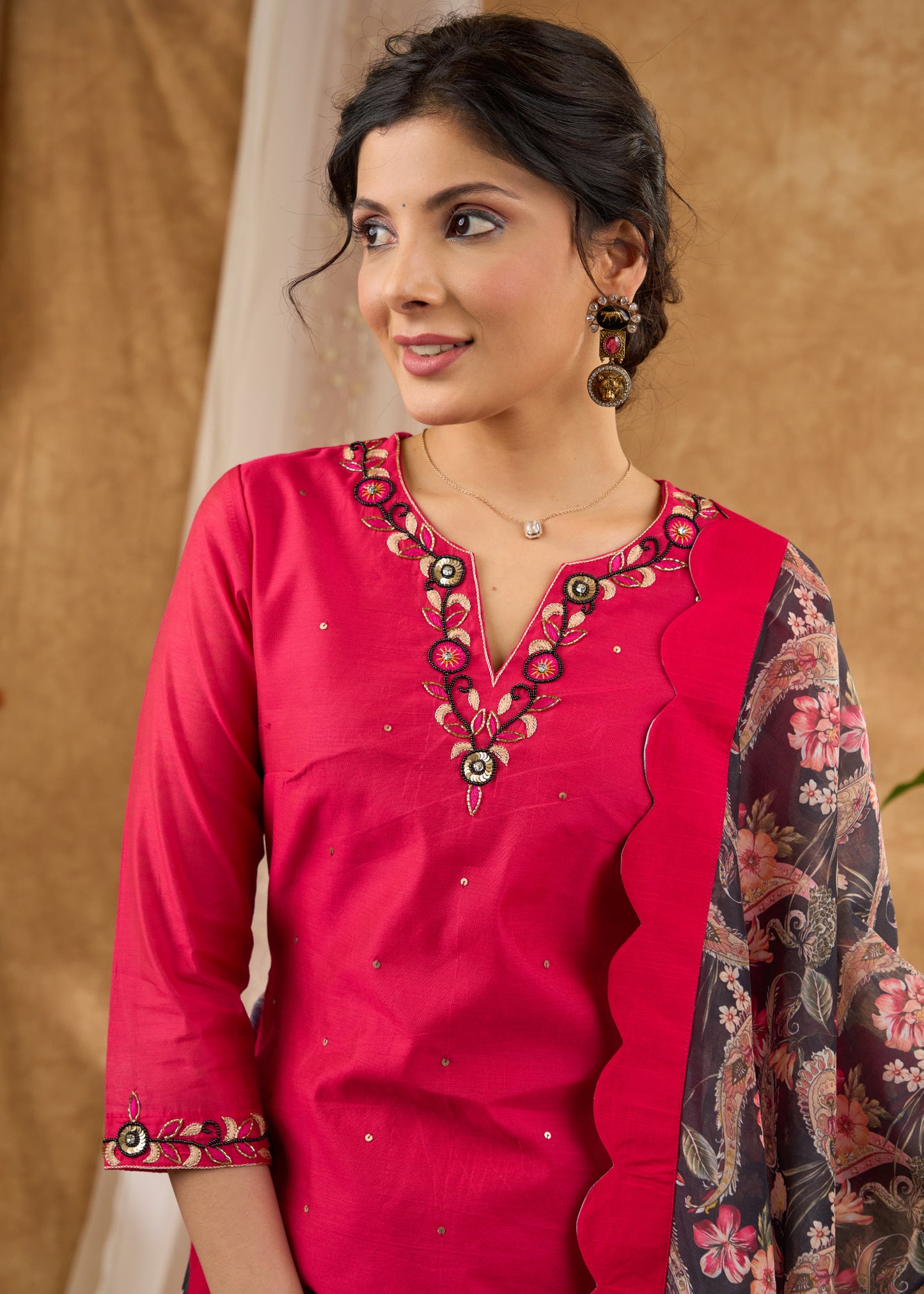 Delicately hand embroidered pink Chanderi kurta