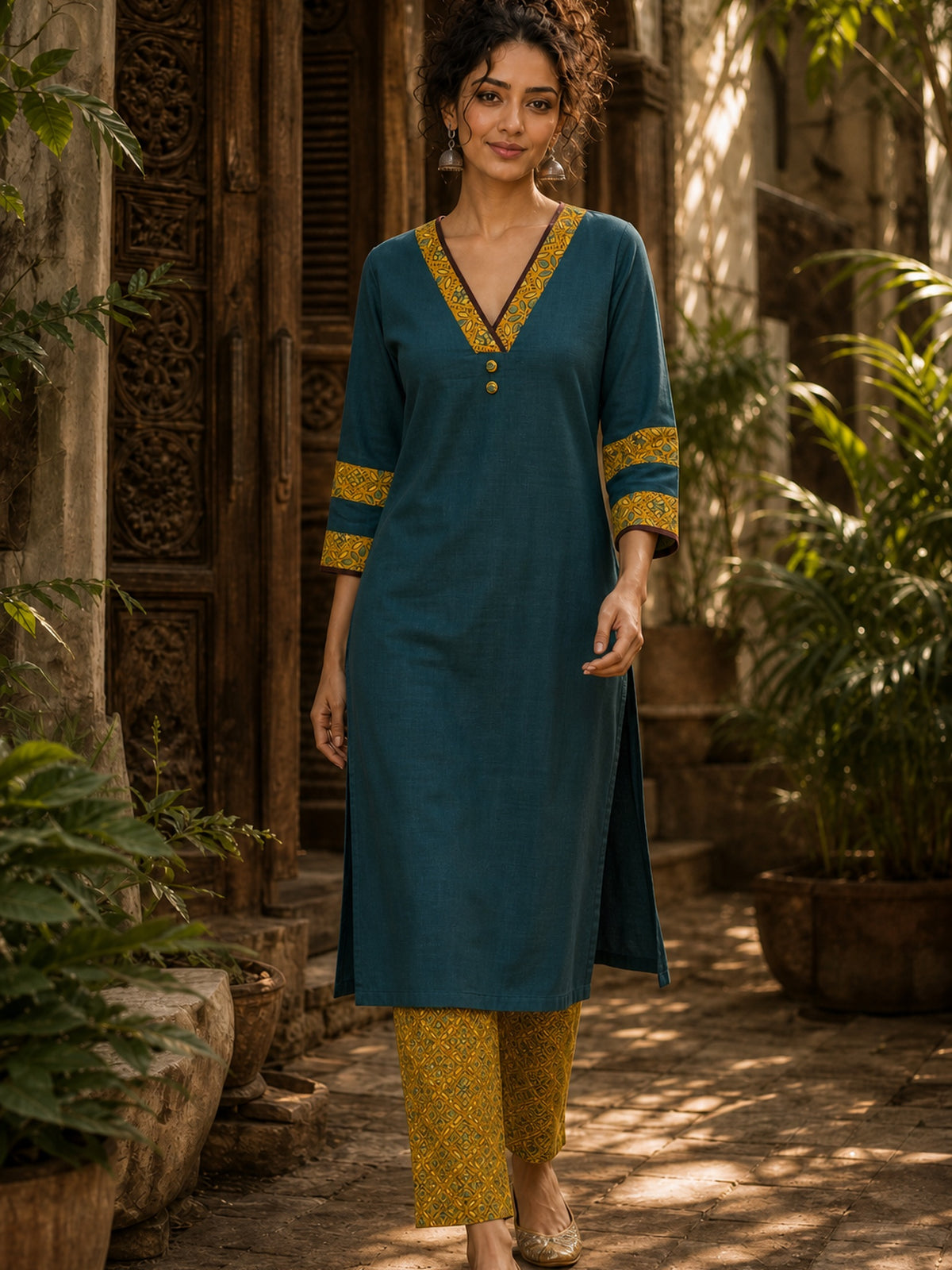 Classic Teal Cotton Kurta with Ajrakh Printed V-Yoke & Double Cuff Band Detail - Pant Optional