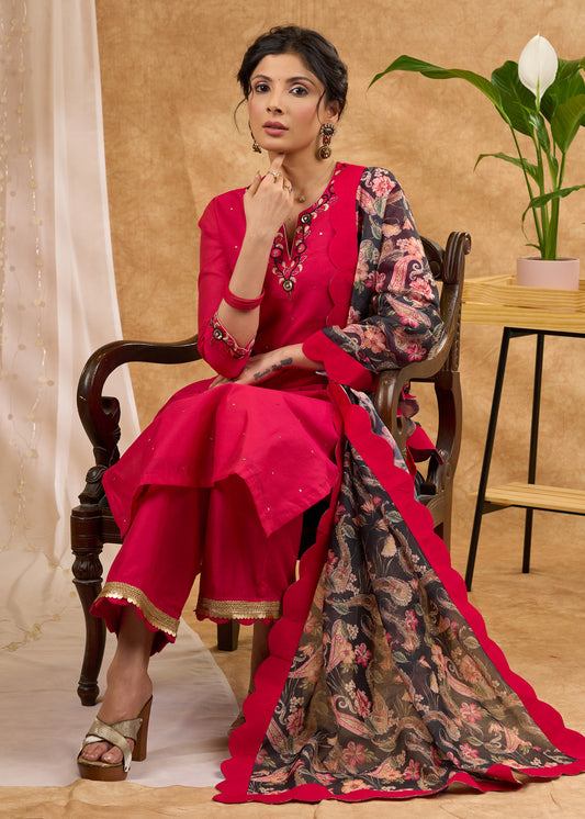 Delicately hand embroidered pink Chanderi kurta