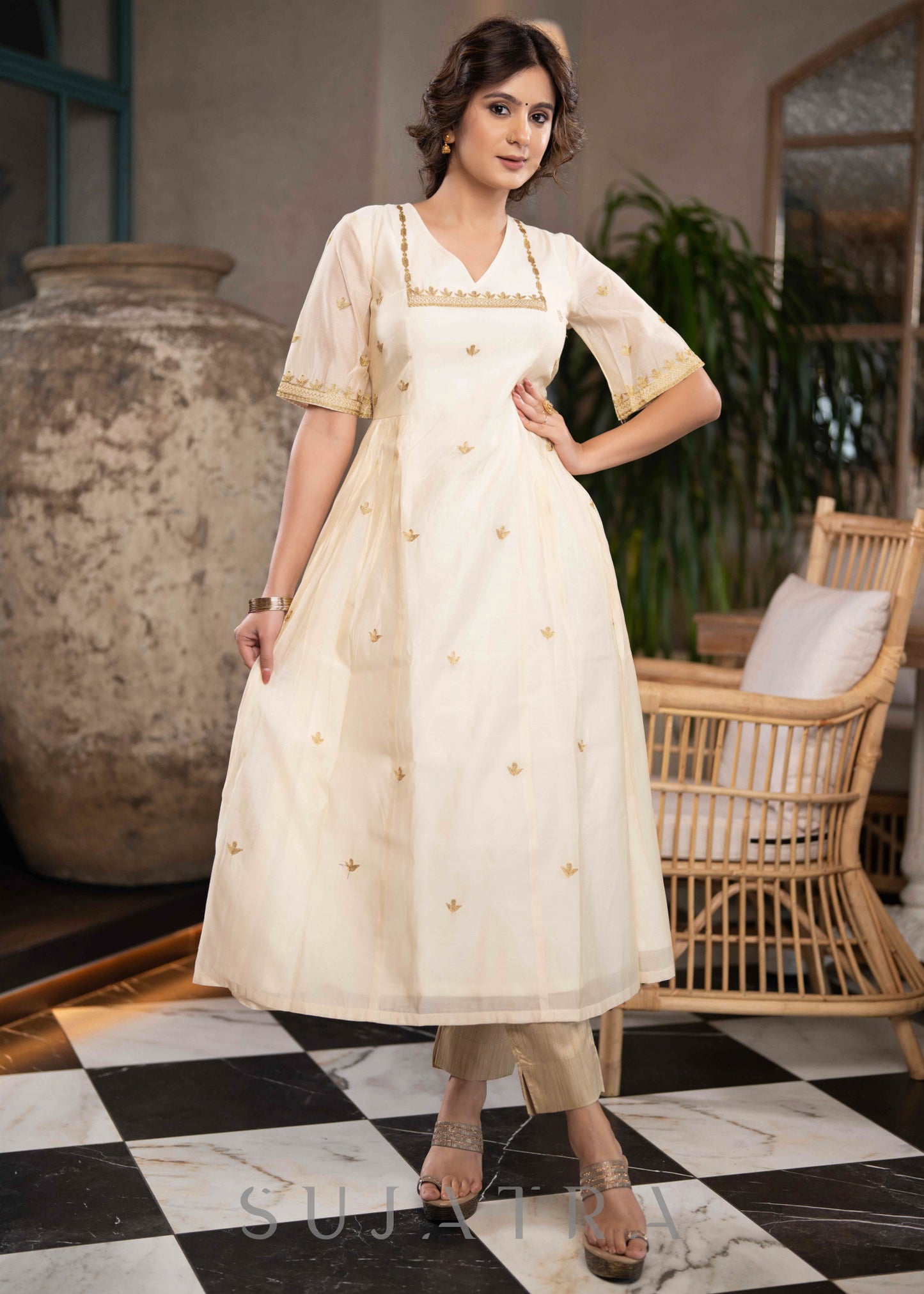 Elegant Off White Chanderi Kurta With Gold Embroidery All Over  - Pant Optional