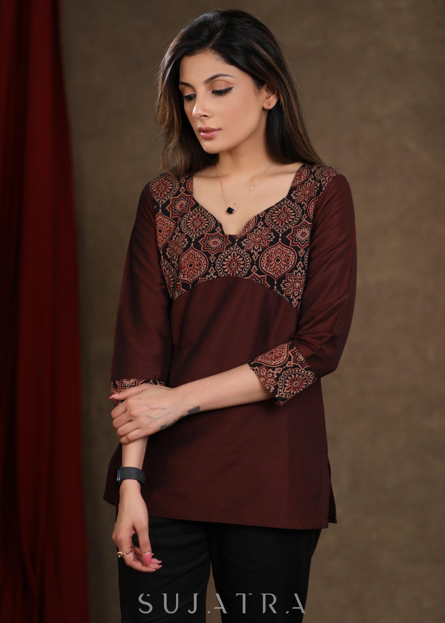 Brown Cotton Silk Ajrakh Combination Top