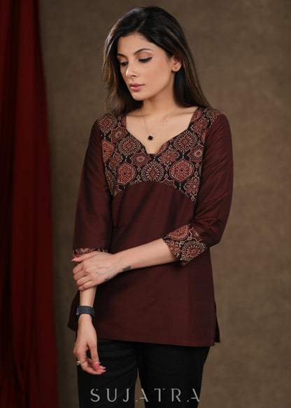 Brown Cotton Silk Ajrakh Combination Top