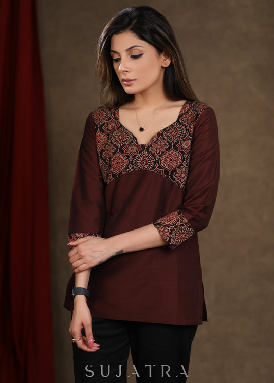 Brown Cotton Silk Ajrakh Combination Top