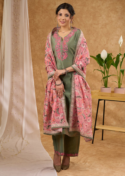 Elegant fern green Chanderi kurta and pant with intricate applique work -  Dupatta Optional