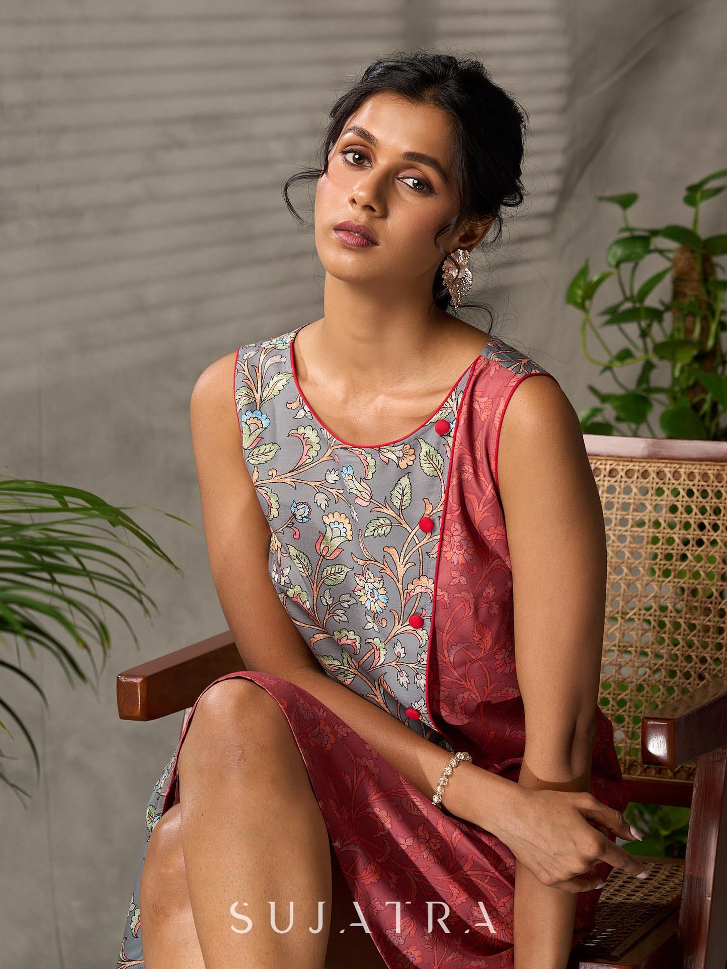 Grey and Rust Kalamkari inspired floral vine printed overlap dress with red accents